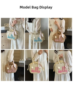 Detail shots of a handmade straw tote bag with hello embroidery and floral silk scarf decor