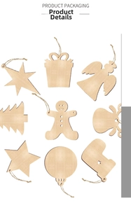 Detail view of assorted unpainted wooden Christmas ornaments with twine hanging loops