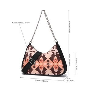 Size chart for Aztec bohemian shoulder bag with dimensions and adjustable strap details