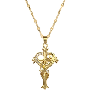 Titanium gold heart cross necklace with zircon stones and MOM engraving on white background