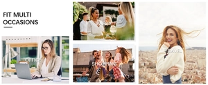 Crossbody bag shown in four lifestyle scenes: office, party, shopping, and travel
