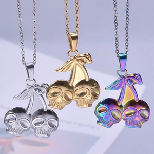 Skull cherry necklaces in silver, gold, and iridescent finishes with 18k plating