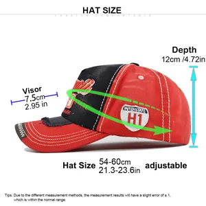 Detailed size chart for the embroidered baseball cap with adjustable 54-60cm strap and 12cm depth