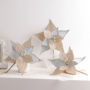 Artificial Christmas Poinsettia Flowers Burlap Glitter Floral Pick For Christmas Tree Wedding Party Home Festive Decor