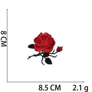 Detailed view of red rose embroidery patch with black leaves and dimensions of 8.5x8cm