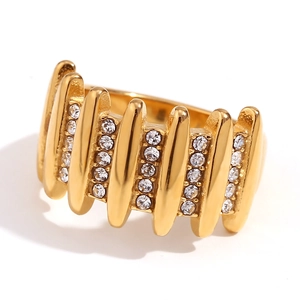 18K gold plated stainless steel ring with vertical bars and micro-pave crystals