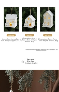 Miniature white LED Christmas houses with snow texture and hanging ropes for tree decor