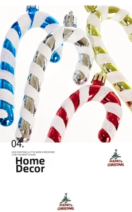 Close-up of glittery red, blue, and gold candy cane Christmas tree ornaments
