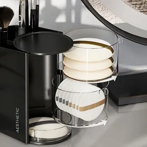 Multi-layer rotating makeup organizer with clear tiered storage for powder puffs