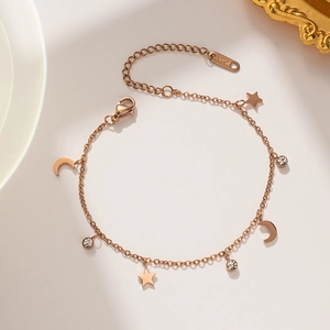 Bracciale in acciaio inossidabile oro rosa con ciondoli stella, luna e cristalli tondi