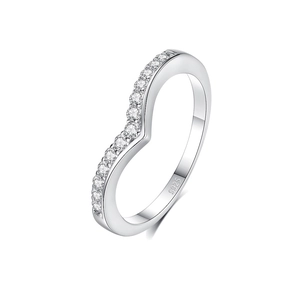 Minimalist V-shaped S925 sterling silver ring with small diamonds on white background