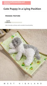Close-up of plush puppy on avocado print bed with soft breathable fabric texture