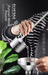 Close-up of 250ml SUS304 stainless steel wine ladle and funnel with food grade marking