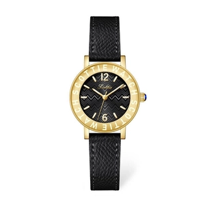 Retro golden women's watch with black herringbone dial and black leather strap