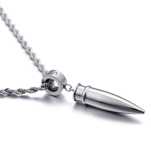 Street style bullet pendant necklace in silver stainless steel with rope chain