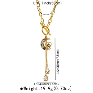 Dimensions détaillées du collier en acier doré avec pendentifs œil et croissant lune