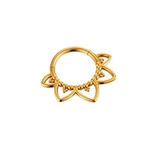 Golden lotus petal steel hinged hoop ring for nose or ear piercings with bead details