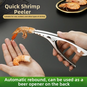 Macro shot of stainless steel shrimp peeler removing raw shell with serrated edge