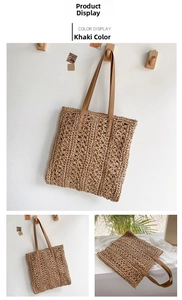 Detail of khaki woven hollow tote bag showing texture and leather shoulder strap