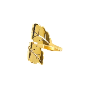Minimalist 18k gold leaf-shaped open titanium steel ring with textured leaf veins