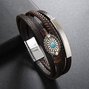Men's multi-layer woven brown leather bracelet with silver accents and turquoise inlay
