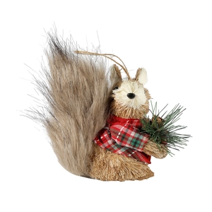 Straw squirrel Christmas ornament with plaid scarf and pine cone for holiday decor