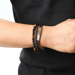 Men's magnetic braided leather bracelet set with tiger eye and black agate beads