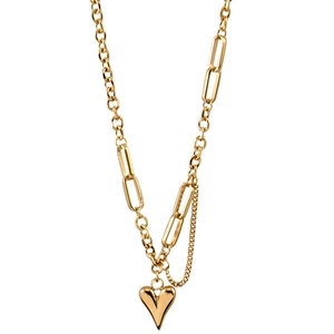 Detailed macro of a golden mixed-link necklace featuring a polished 3D heart-shaped pendant