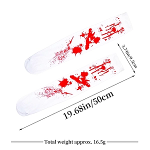 Halloween blood stained long socks showing dimensions 50cm by 9.5cm and 16.5g weight