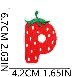 Detailed size view of strawberry letter P embroidery patch measuring 6.7cm by 4.2cm