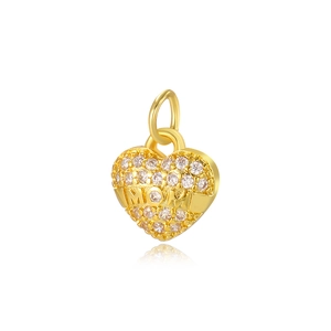 Detailed close-up of golden heart pendant with MOM lettering and sparkling zircons
