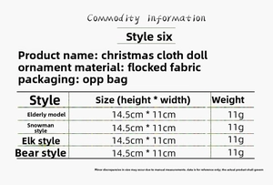 Size and specification chart for Christmas fabric ornaments featuring Santa, snowman, and deer