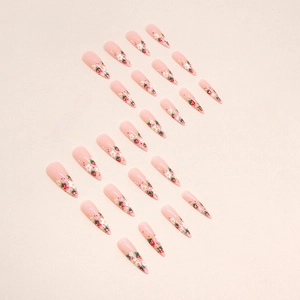 Long almond stiletto press-on nails with sweet strawberry and daisy floral designs