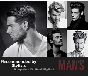 Detailed views of Mohawk, Slicked-back and Pompadour hairstyles for men's styling products