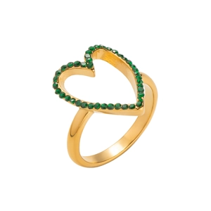 Detailed close-up of a gold-plated open heart ring set with shimmering green crystals