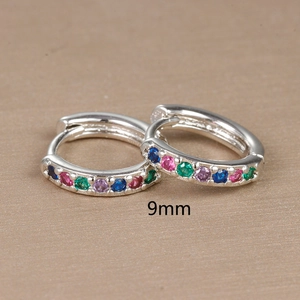 Macro shot of 9mm S925 silver hoop earrings with multi-colored zirconia stones