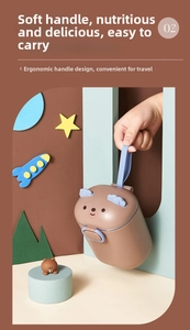 Detail of portable brown bear milk powder container with soft blue handle and 3D bear lid