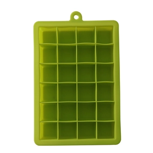 Green 24-grid silicone ice cube mold with lid and hanging hole on white background