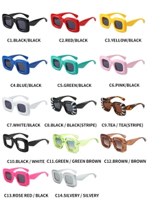 Detailed catalog of Y2K square sunglasses in various colors and trendy frames