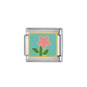 Detailansicht eines quadratischen Edelstahl-Beads mit rosa Emaille-Blumendesign für Armbänder