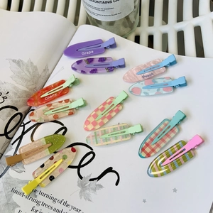 Pince à Cheveux Douce Couleur Macaron à Carreaux Y2K Sans Trace Bec de Canard Épingle à Cheveux Métal Motif Fruits Accessoires Cheveux Femmes
