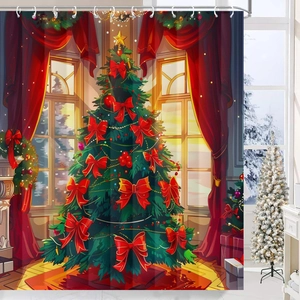 Detail of Christmas tree shower curtain with red bows and snowy window illustration