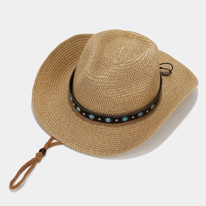 Wide brim Panama straw hat with turquoise turquoise leather band and chin strap