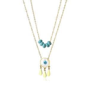 Zweilagige vergoldete Edelstahlkette mit Evil Eye Anhänger und blauen Perlen akzenten