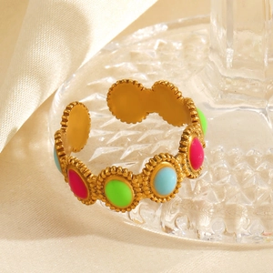 Minimalist gold stainless steel oval ring with colorful stones and adjustable open band