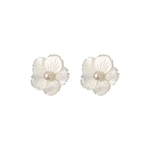 Boucles d'oreilles fleurs élégantes avec nacre blanche et perle centrale brillante