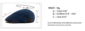 Size chart showing head circumference and brim length for the denim newsboy cap