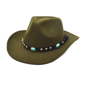 Detail of dark olive green wool felt hat with turquoise stone and metal rivet headband