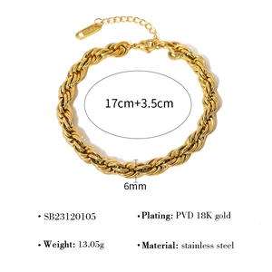 Top view of a gold twisted rope chain bracelet with 17cm length and 6mm width specs