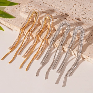 Elegant gold and silver tassel earrings with U-shaped zircon paving for premium women's jewelry